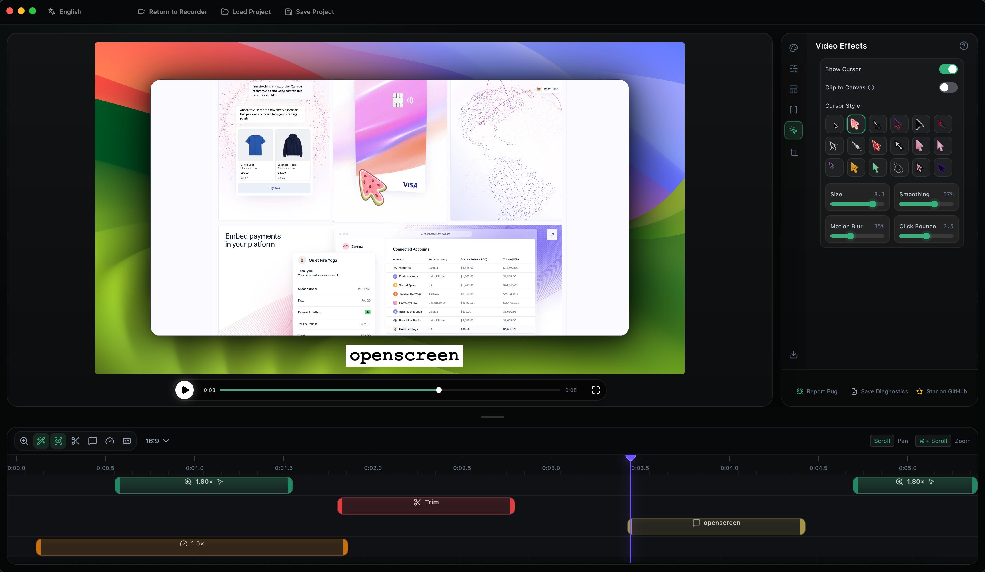 The SmoothCut editor: preview, layout inspector and timeline